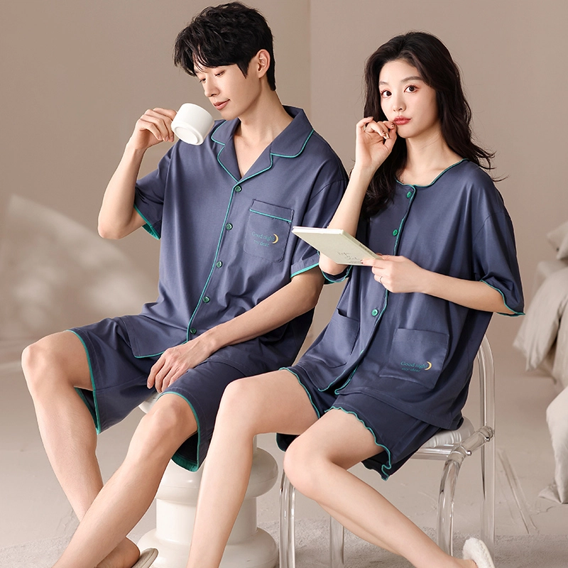 俏薇妮 柔软简约纯色时尚优雅高级感短袖短裤家居服舒适透气休闲宽松凉感可外穿夏季睡衣套装 男女同款 蓝色