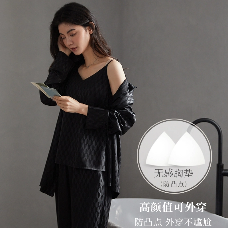 俏薇妮 睡衣女春秋款夏冰丝三件套长袖长裤吊带黑色带胸垫 家居套装 黑色 女款