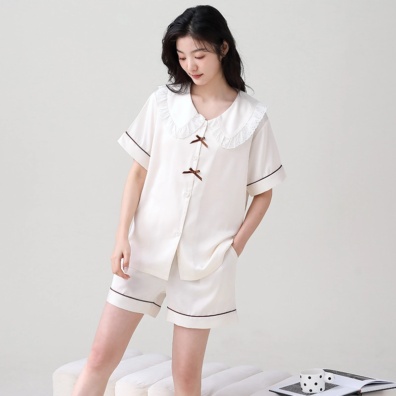 俏薇妮 简约纯色柔软时尚优雅高级感短袖家居服休闲舒适凉爽透气可外穿睡衣套装 女款 米白色