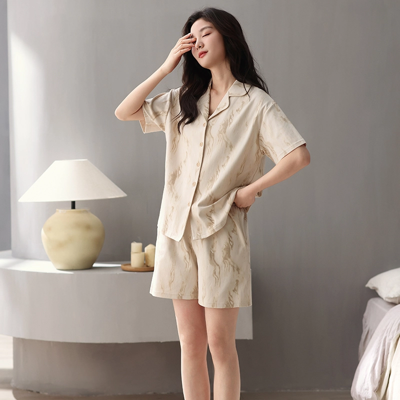 俏薇妮 简约柔软纯棉时尚优雅翻领短袖高级感家居服休闲宽松舒适凉爽透气可外穿睡衣套装 女款 黄色