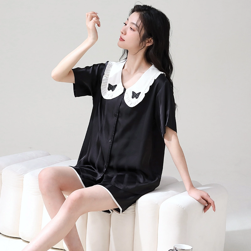 俏薇妮 简约纯色柔软时尚优雅高级感短袖三分裤家居服休闲舒适凉爽透气可外穿睡衣套装 女款 黑色