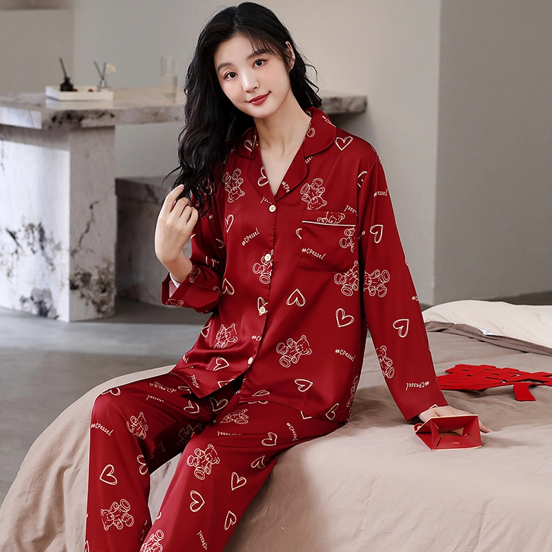 俏薇妮 简约纯色柔软喜庆冰丝爱心高级感长袖长裤家居服宽松舒适休闲透气可外穿春秋睡衣套装 女款 红色