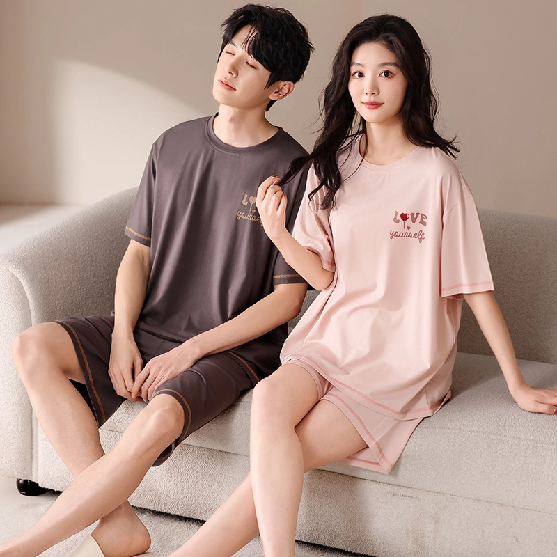 俏薇妮 柔软简约纯色时尚字母爱心高级感套头短袖短裤家居服舒适透气休闲宽松凉感可外穿夏季睡衣套装 男女同款 图片色