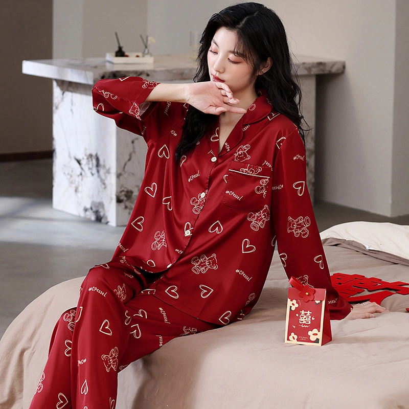 俏薇妮 简约纯色柔软喜庆冰丝爱心高级感长袖长裤家居服宽松舒适休闲透气可外穿春秋睡衣套装 女款 红色
