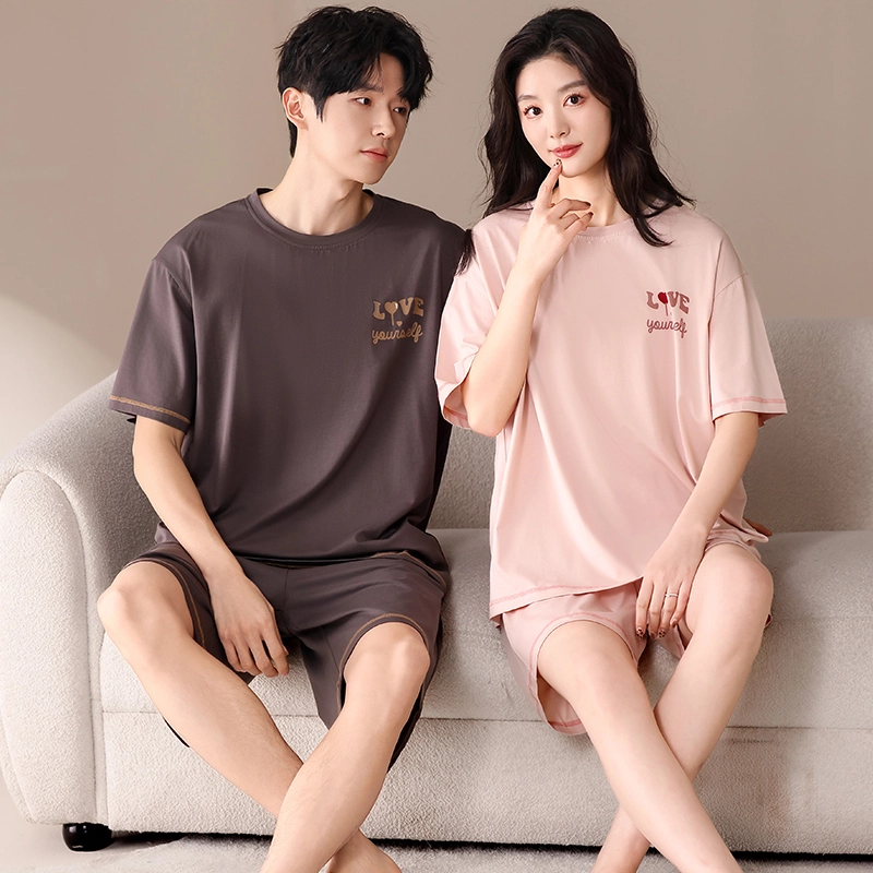 俏薇妮 柔软简约纯色时尚字母爱心高级感套头短袖短裤家居服舒适透气休闲宽松凉感可外穿夏季睡衣套装 男女同款 图片色