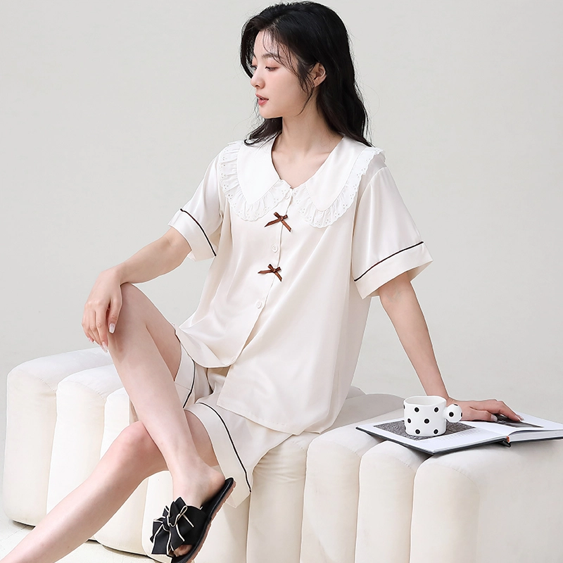 俏薇妮 简约纯色柔软时尚优雅高级感短袖家居服休闲舒适凉爽透气可外穿睡衣套装 女款 米白色