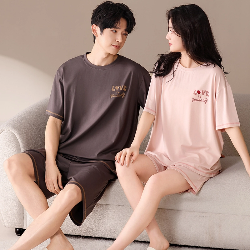 俏薇妮 柔软简约纯色时尚字母爱心高级感套头短袖短裤家居服舒适透气休闲宽松凉感可外穿夏季睡衣套装 男女同款 图片色