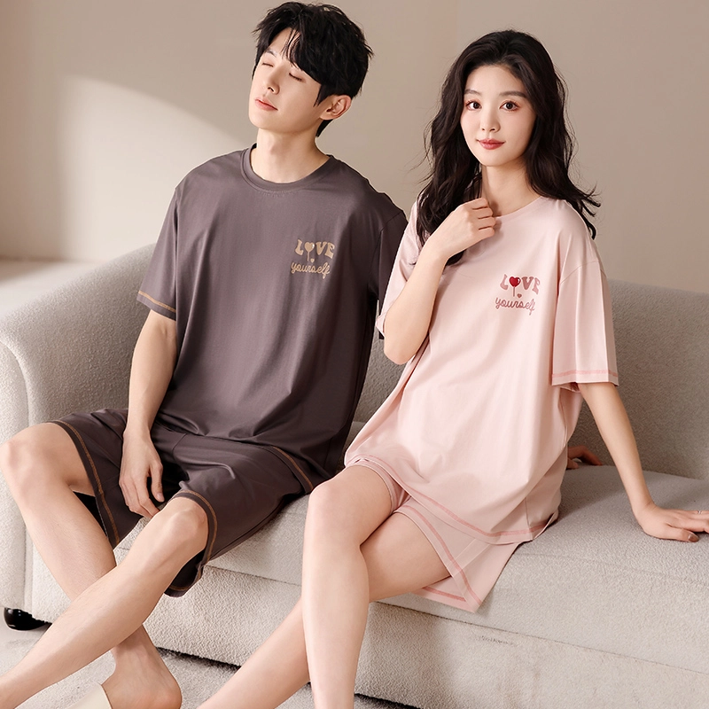 俏薇妮 柔软简约纯色时尚字母爱心高级感套头短袖短裤家居服舒适透气休闲宽松凉感可外穿夏季睡衣套装 男女同款 图片色