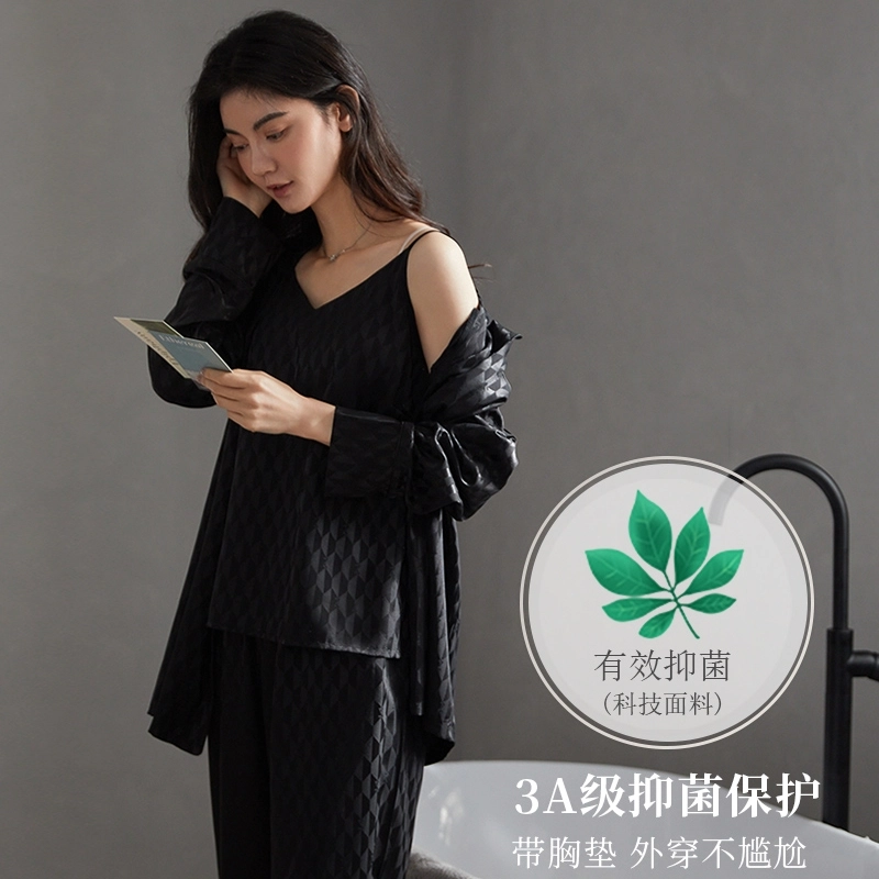 俏薇妮 睡衣女春秋款夏冰丝三件套长袖长裤吊带黑色带胸垫 家居套装 黑色 女款