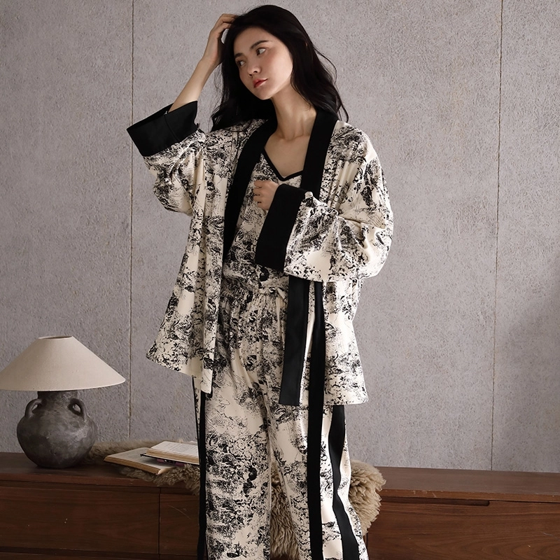 俏薇妮 新中式国风水墨画睡衣长袖高级感家居服宽松吊带三件套睡袍睡衣套装 女款 礼盒装 黑色