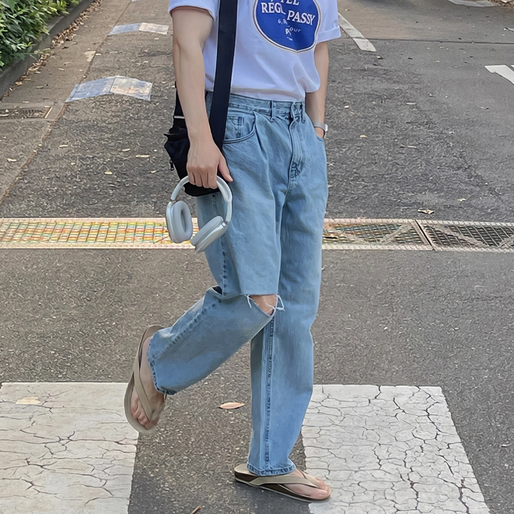 我是大卫 直筒宽松休闲破洞百搭牛仔裤 男女同款 蓝色