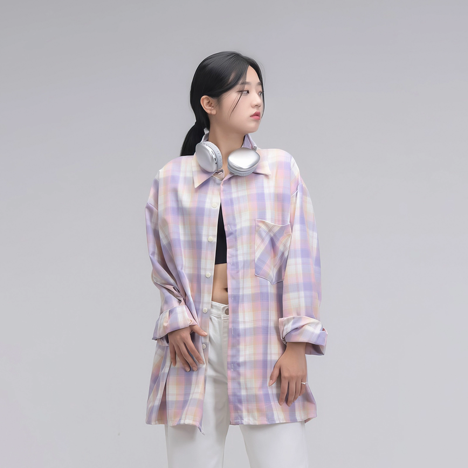 我是大卫 韩版休闲慵懒风薄款长袖衬衫 男女同款 粉色格子