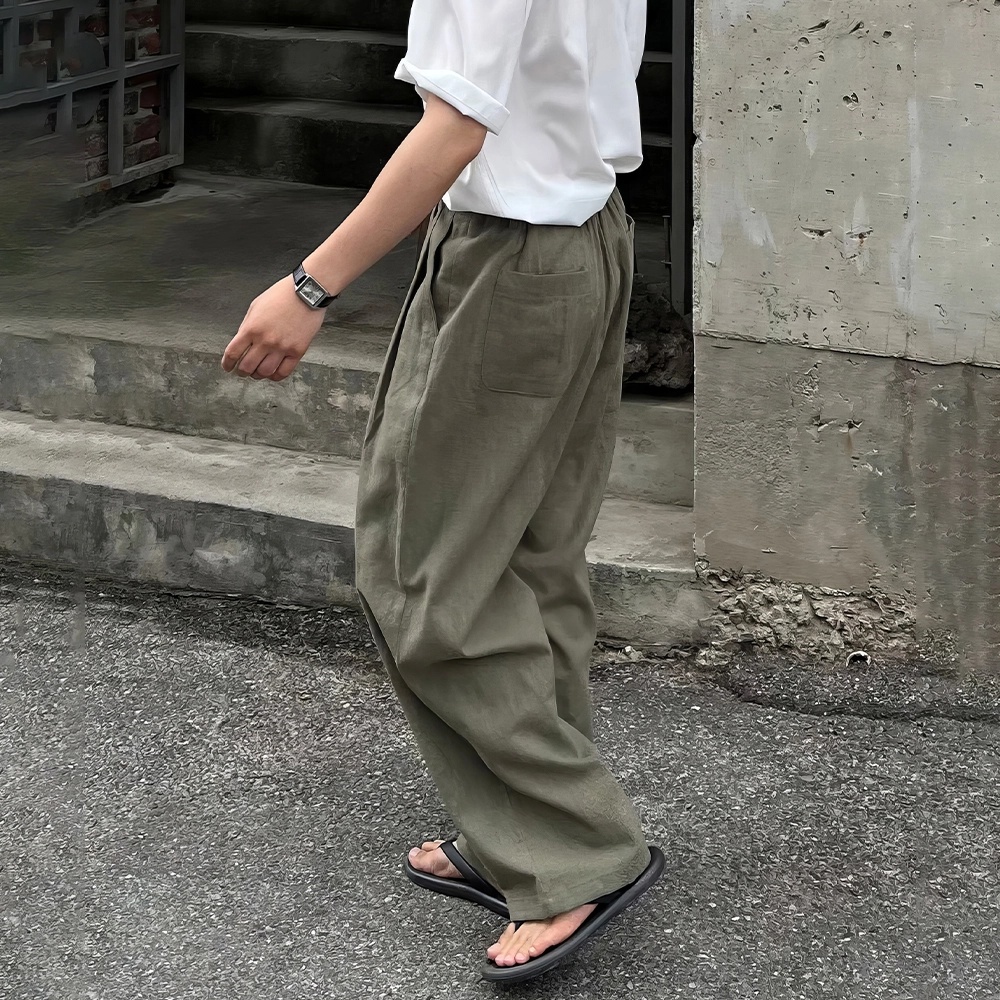 我是大卫 亚麻纯色中腰宽松简约直筒休闲裤 男女同款