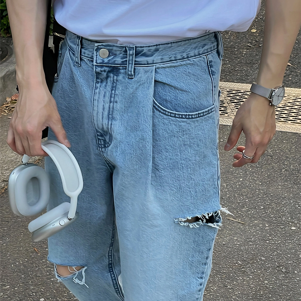 我是大卫 直筒宽松休闲破洞百搭牛仔裤 男女同款 蓝色