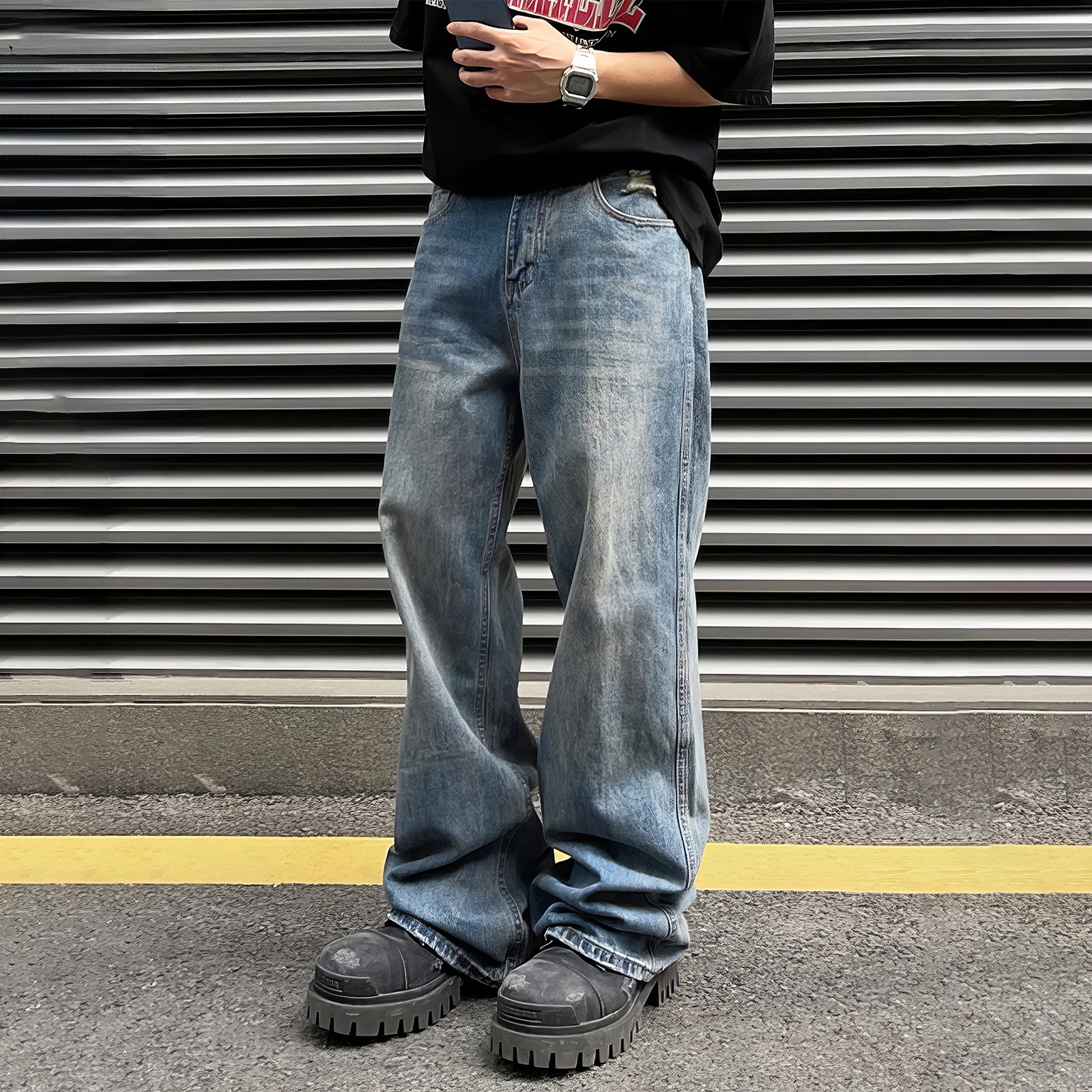 我是大卫 美式街头个性水洗直筒阔腿做旧宽松复古牛仔裤 男女同款 蓝色