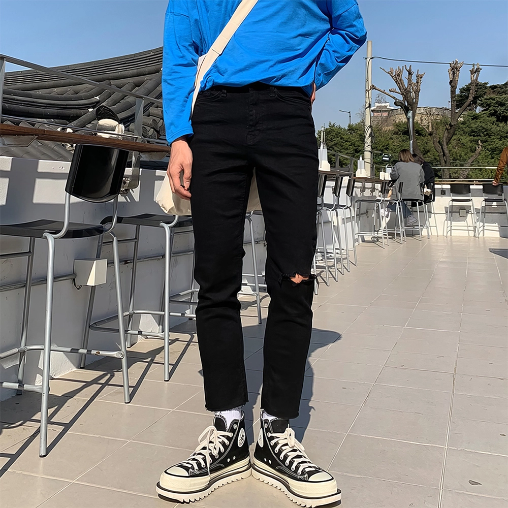 我是大卫 破洞舒适简约时尚百搭九分牛仔裤 男女同款 黑色