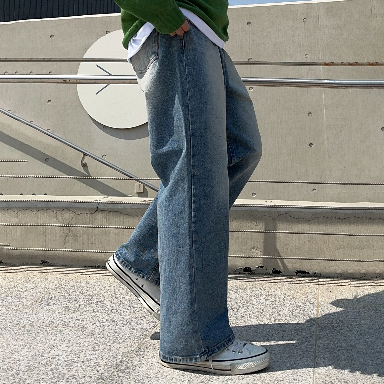 我是大卫 美式复古工装水洗做旧阔腿裤高街百搭休闲宽松牛仔裤 男女同款 浅蓝色