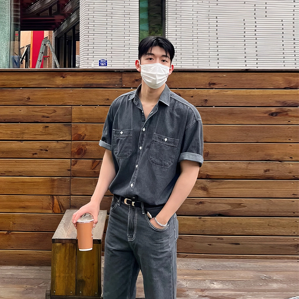 我是大卫 夏季宽松做旧高级感休闲牛仔衬衣韩版痞帅时尚短袖衬衫 男款