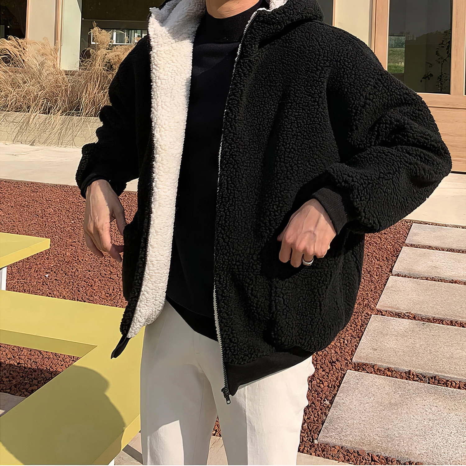 我是大卫 黑白拼色简约摇粒绒加厚休闲棉服外套 男女同款