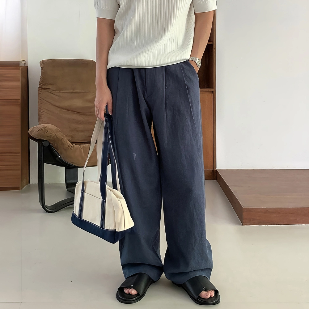 我是大卫 亚麻纯色中腰宽松简约直筒休闲裤 男女同款