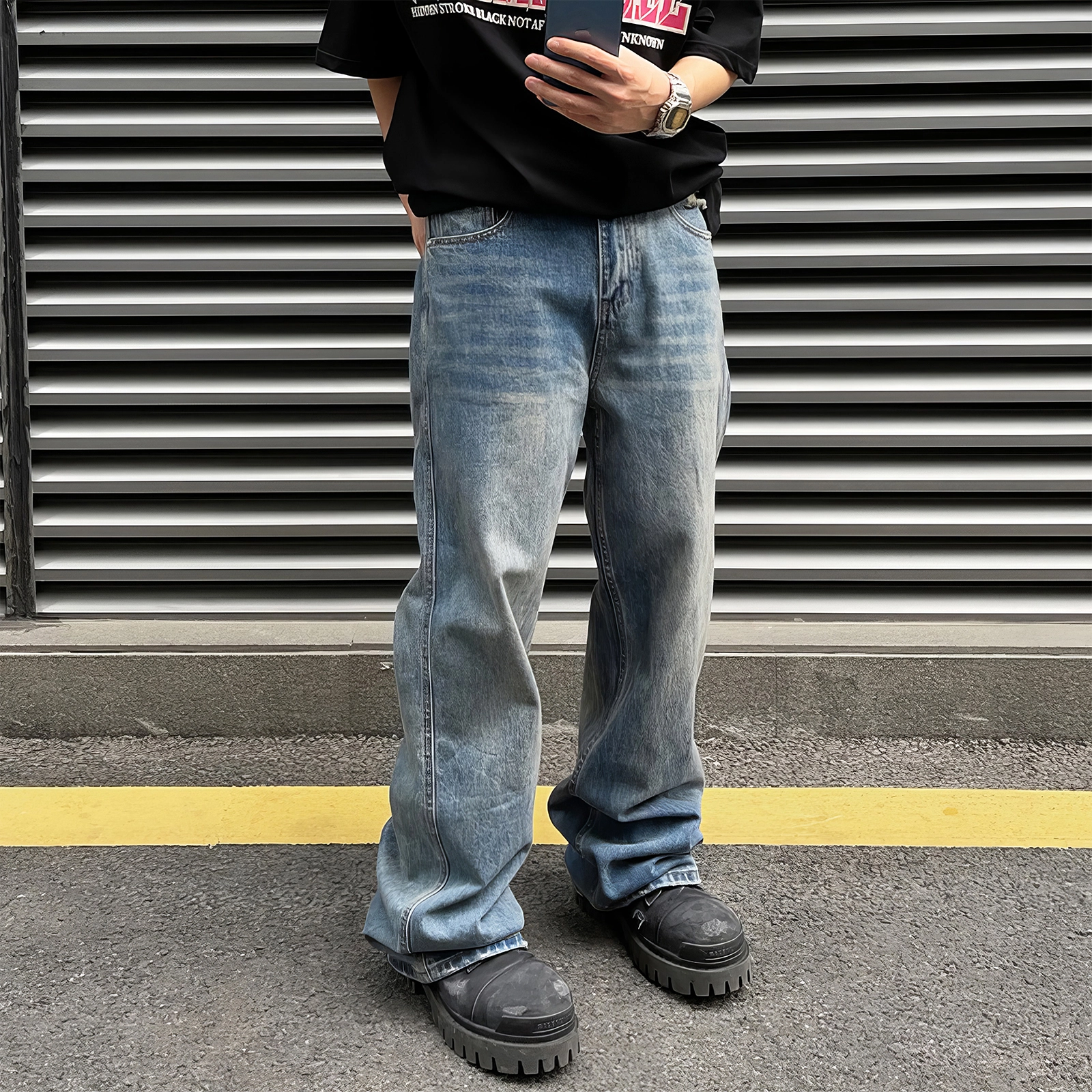 我是大卫 美式街头个性水洗直筒阔腿做旧宽松复古牛仔裤 男女同款 蓝色