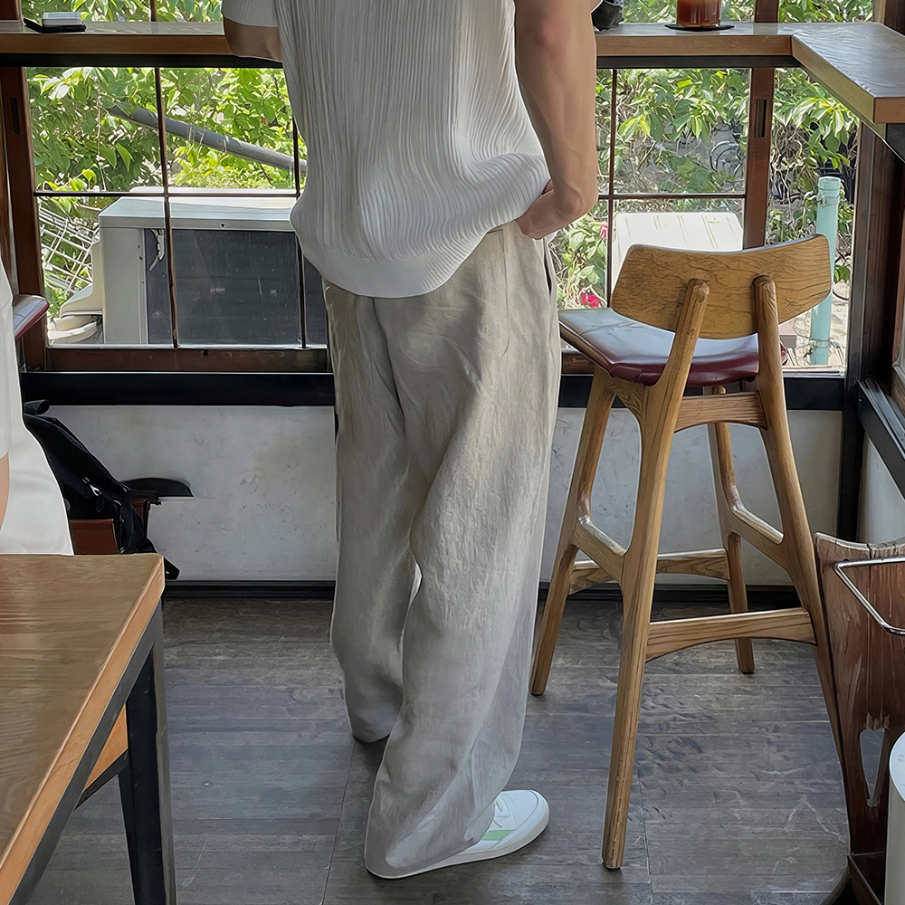 我是大卫 亚麻纯色中腰宽松简约直筒休闲裤 男女同款