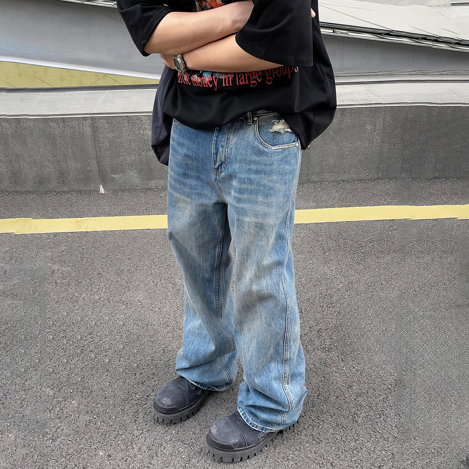 我是大卫 美式街头个性水洗直筒阔腿做旧宽松复古牛仔裤 男女同款 蓝色