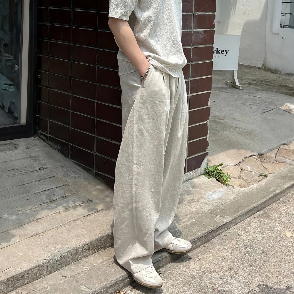 我是大卫 亚麻纯色中腰宽松简约直筒休闲裤 男女同款