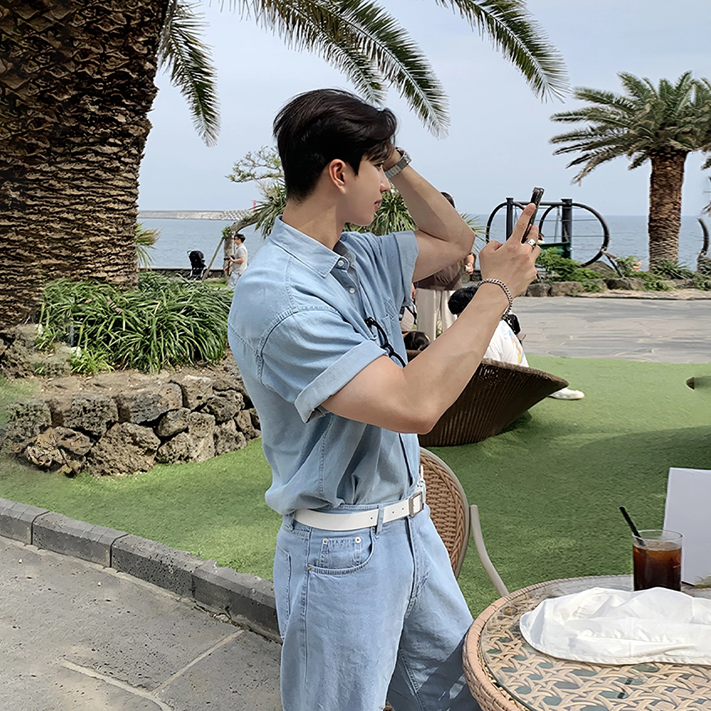 我是大卫 夏季宽松做旧高级感休闲牛仔衬衣韩版痞帅时尚短袖衬衫 男款
