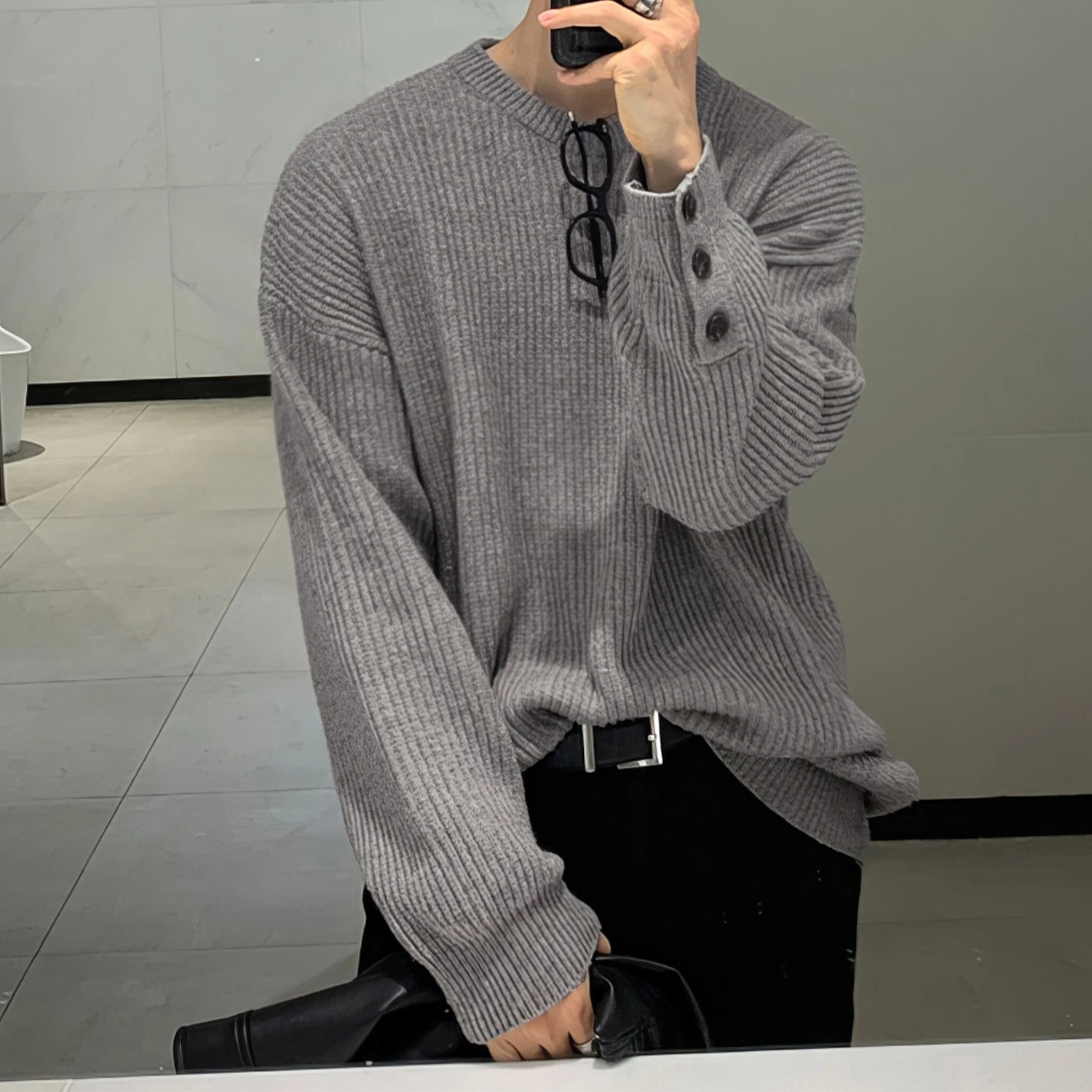 我是大卫 纹理感纯色基础款条纹保暖打底圆领针织衫 男女同款