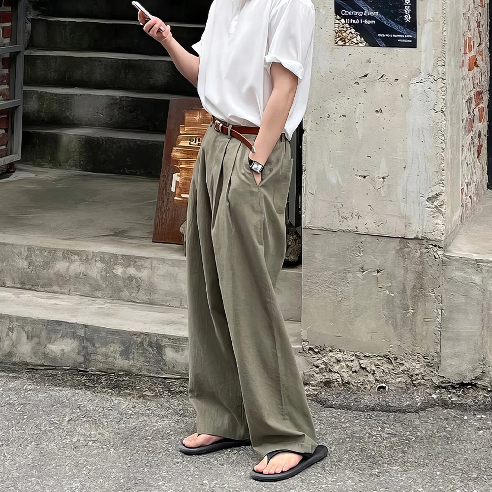 我是大卫 亚麻纯色中腰宽松简约直筒休闲裤 男女同款