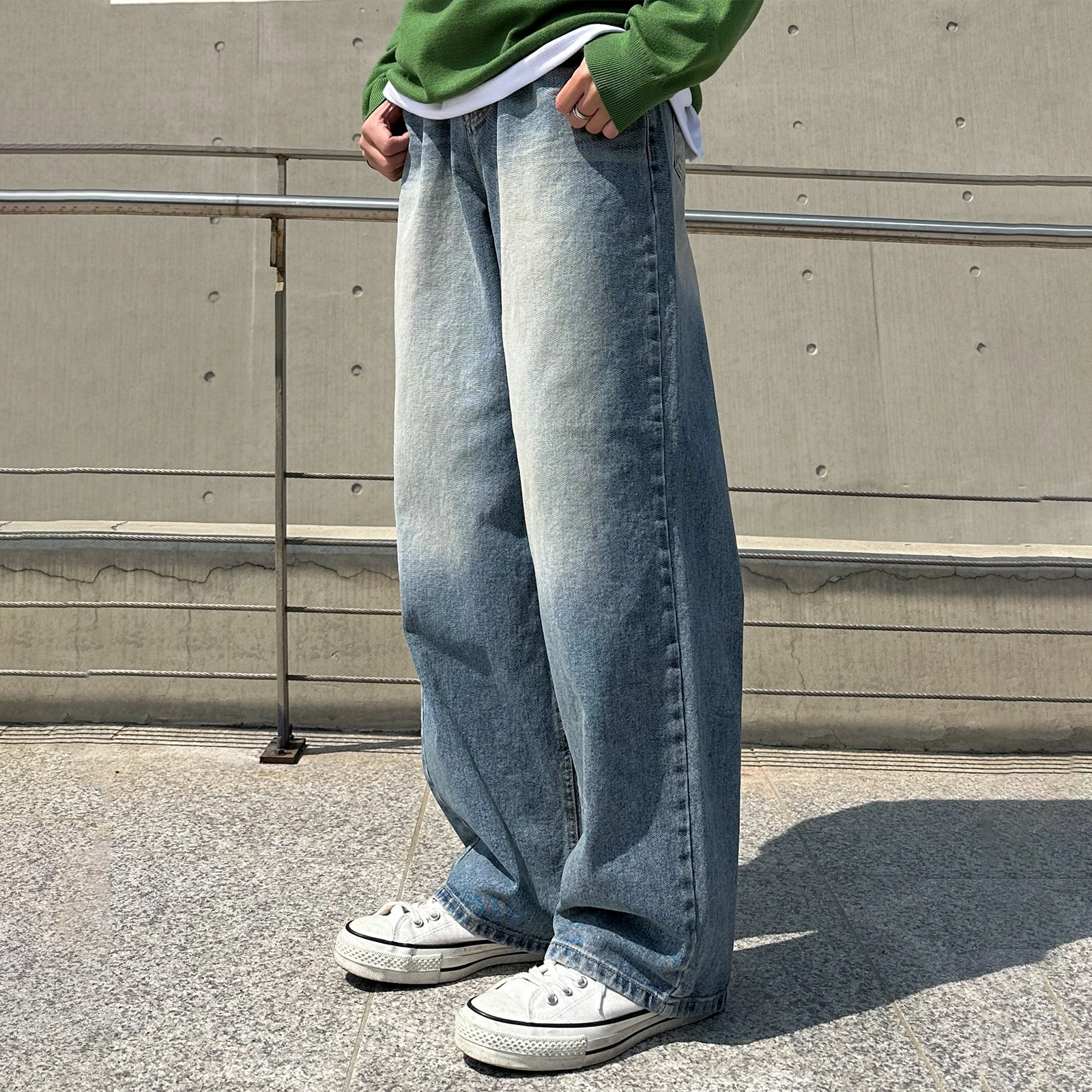 我是大卫 美式复古工装水洗做旧阔腿裤高街百搭休闲宽松牛仔裤 男女同款 浅蓝色