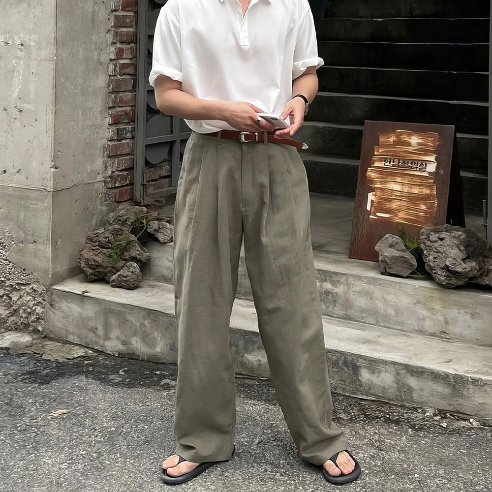 我是大卫 亚麻纯色中腰宽松简约直筒休闲裤 男女同款