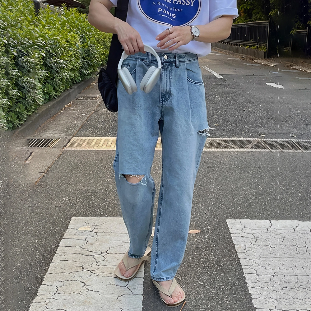 我是大卫 直筒宽松休闲破洞百搭牛仔裤 男女同款 蓝色