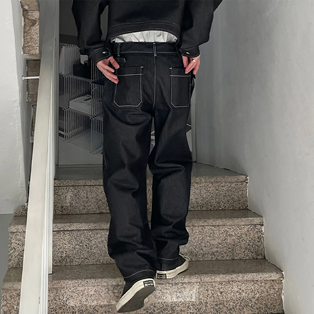 我是大卫 水洗复古做旧休闲宽松直筒阔腿牛仔裤 男女同款 黑色