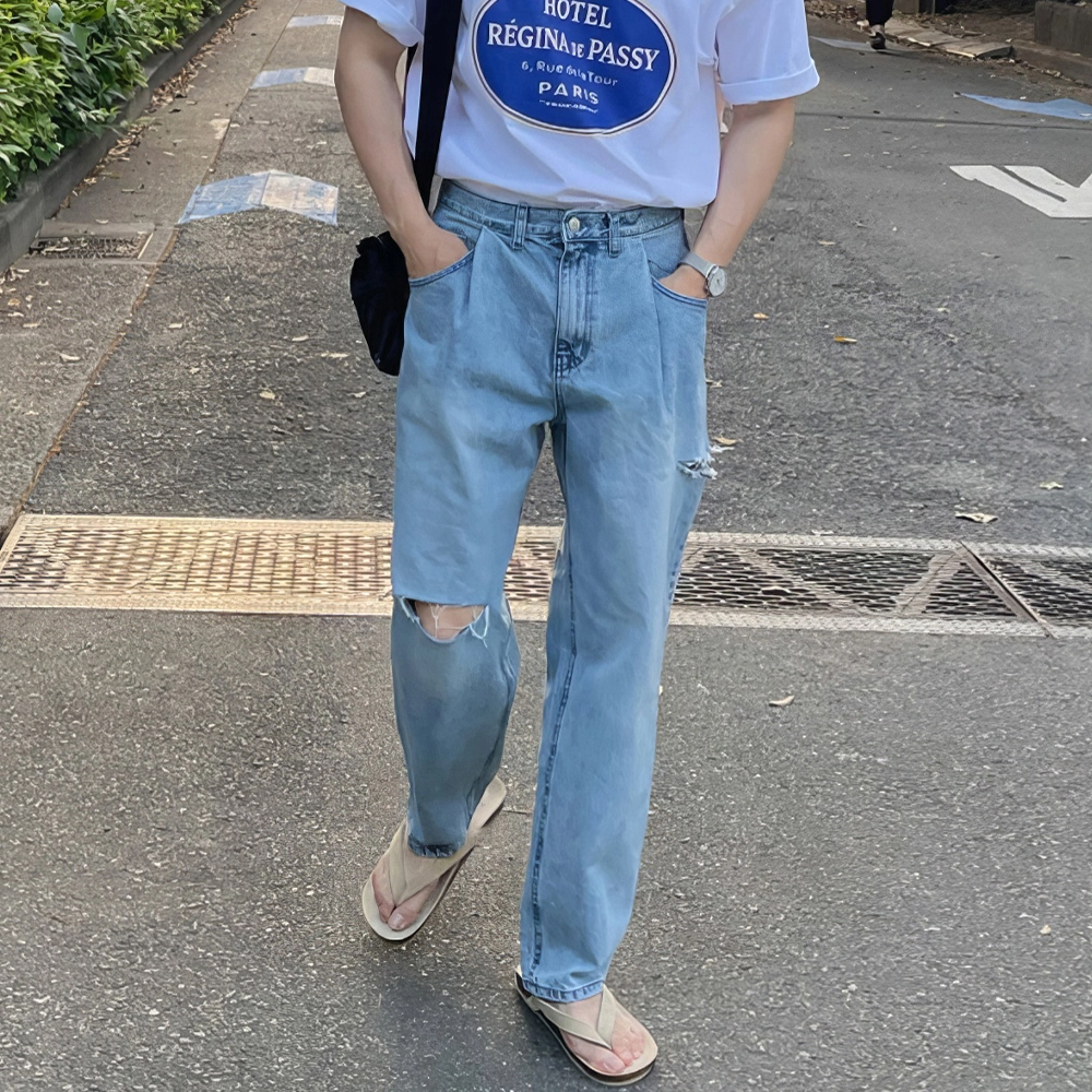 我是大卫 直筒宽松休闲破洞百搭牛仔裤 男女同款 蓝色