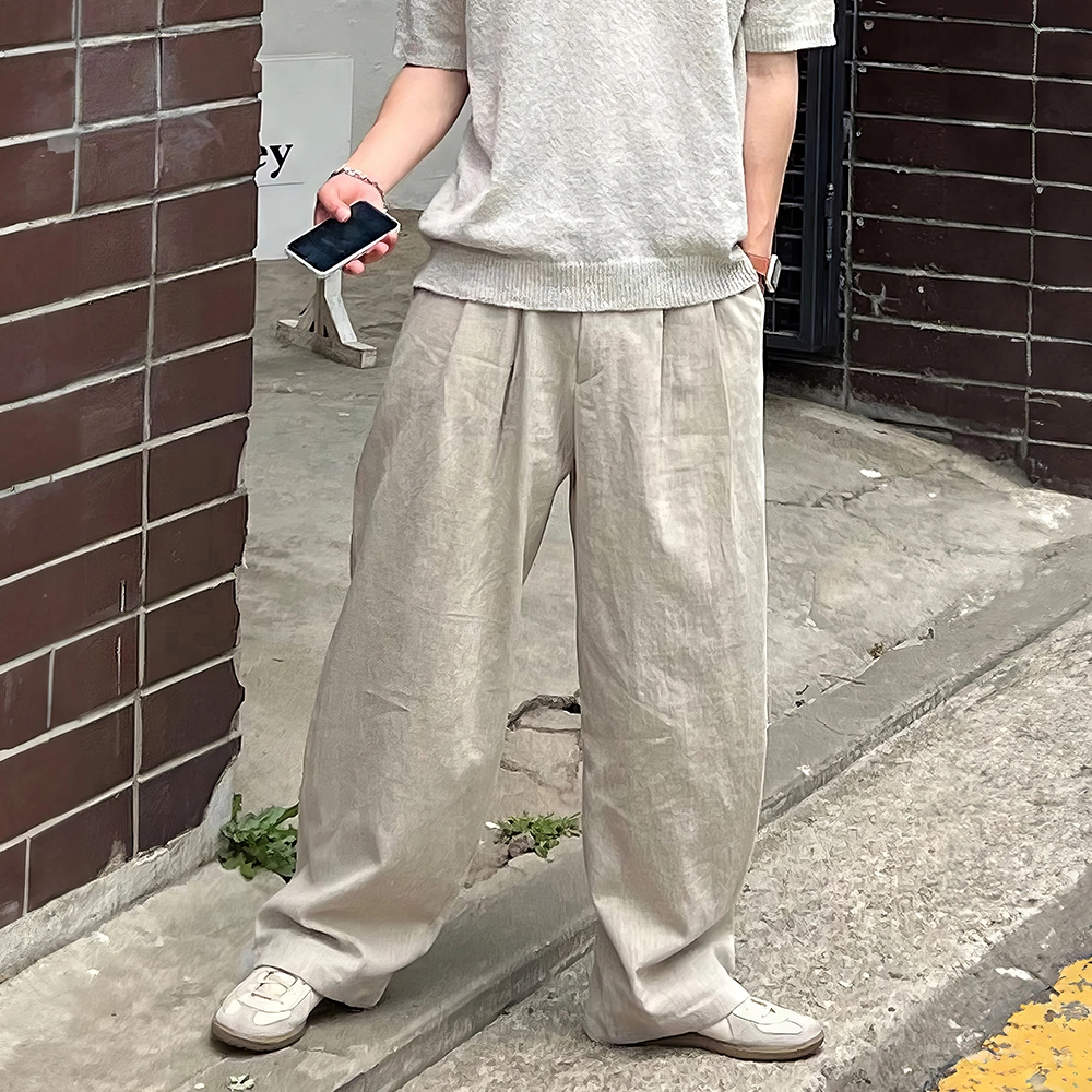 我是大卫 亚麻纯色中腰宽松简约直筒休闲裤 男女同款