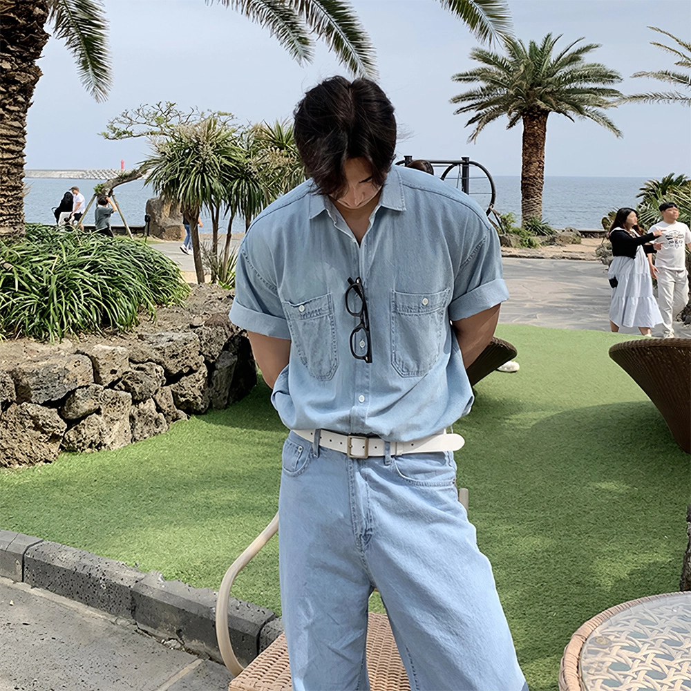 我是大卫 夏季宽松做旧高级感休闲牛仔衬衣韩版痞帅时尚短袖衬衫 男款