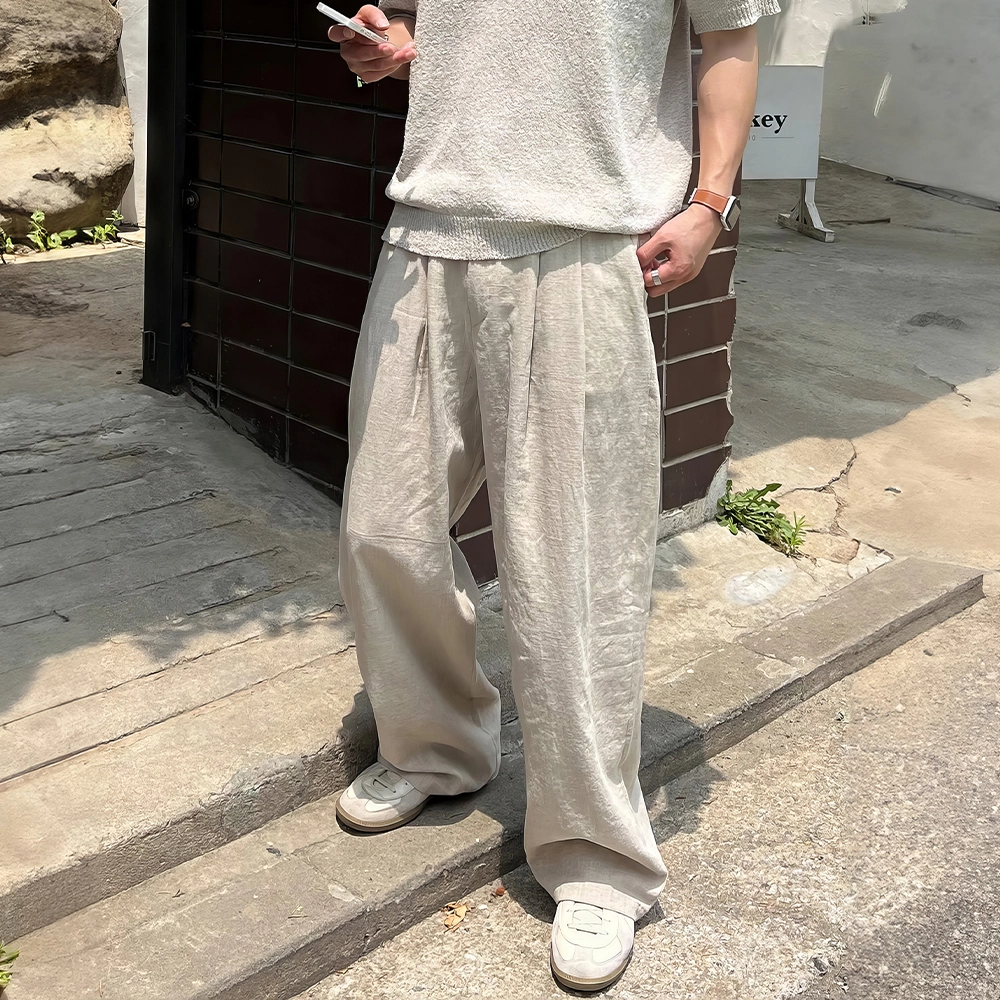 我是大卫 亚麻纯色中腰宽松简约直筒休闲裤 男女同款