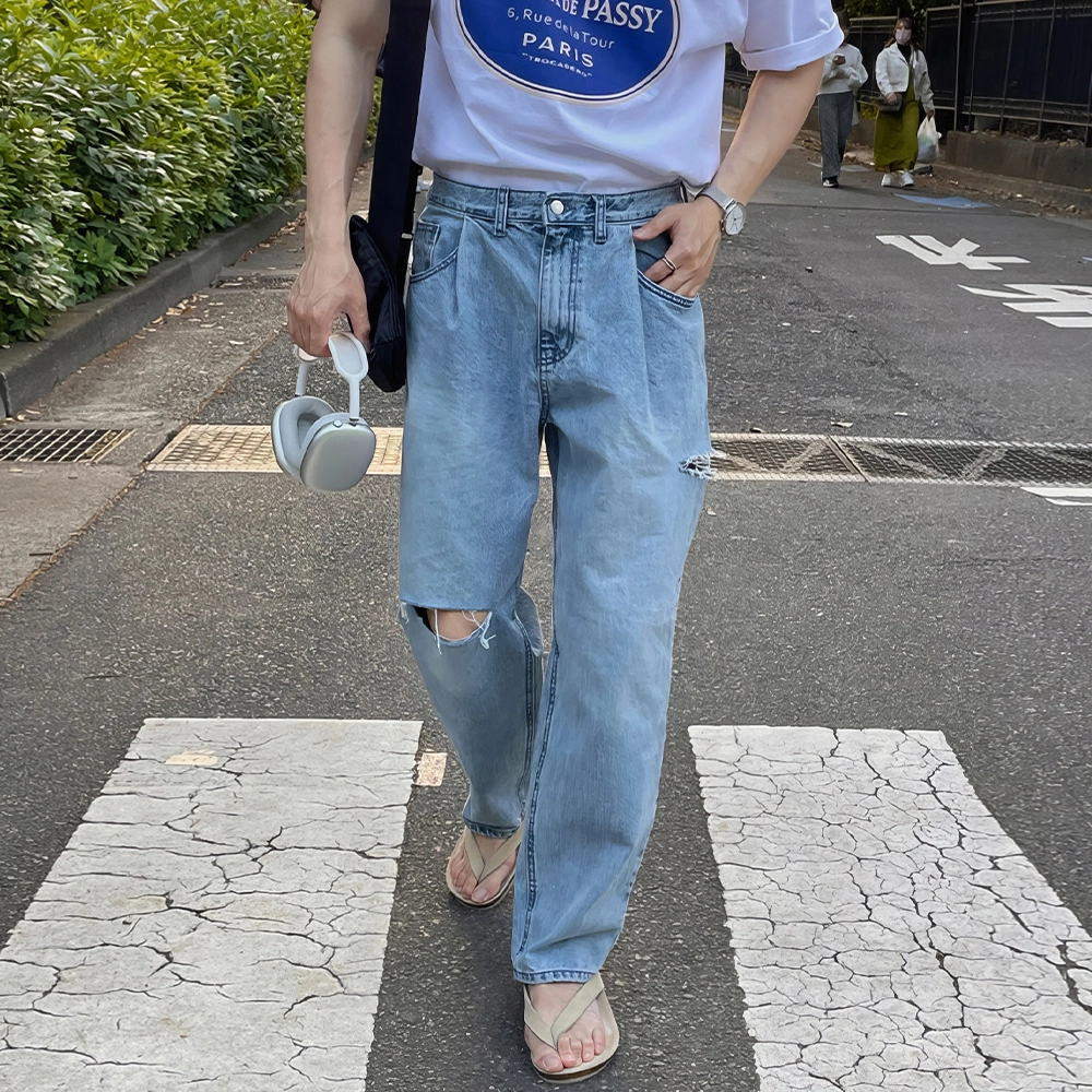 我是大卫 直筒宽松休闲破洞百搭牛仔裤 男女同款 蓝色
