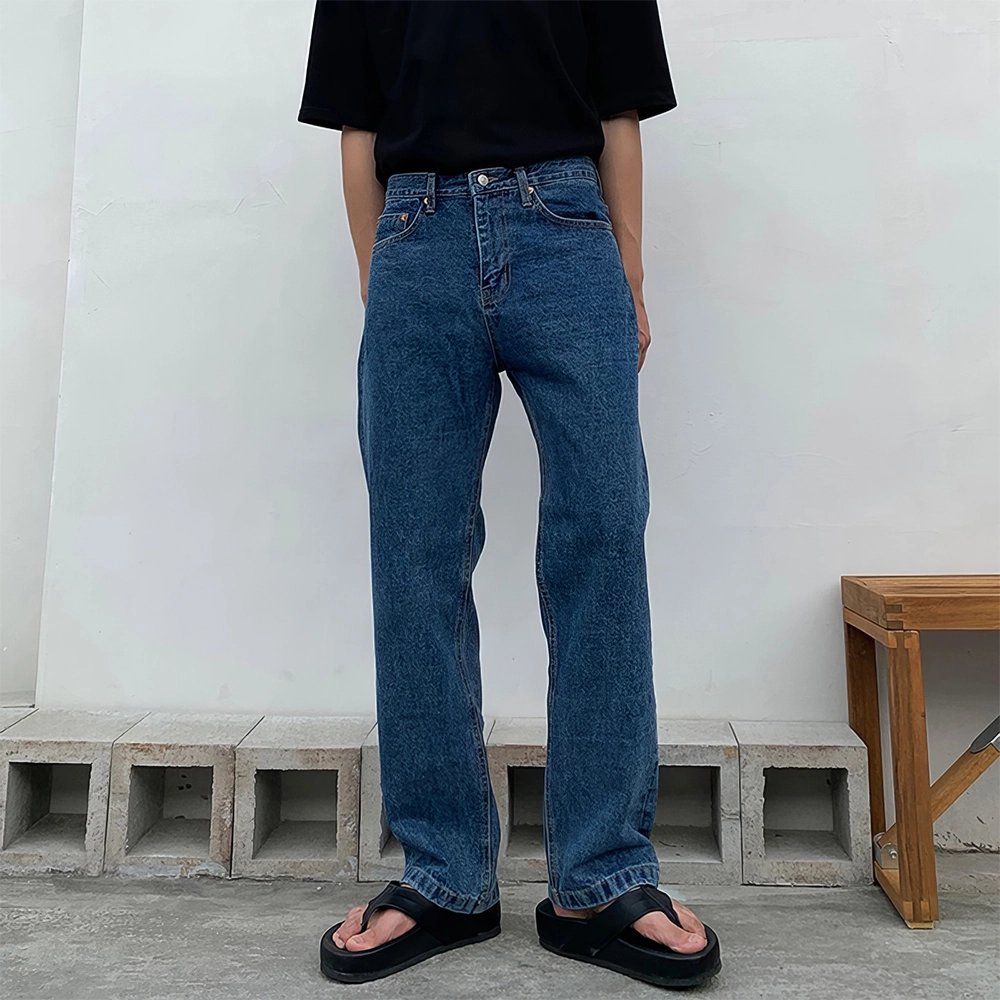 我是大卫 韩版休闲直筒宽松垂感水洗牛仔裤 男女同款 深蓝色