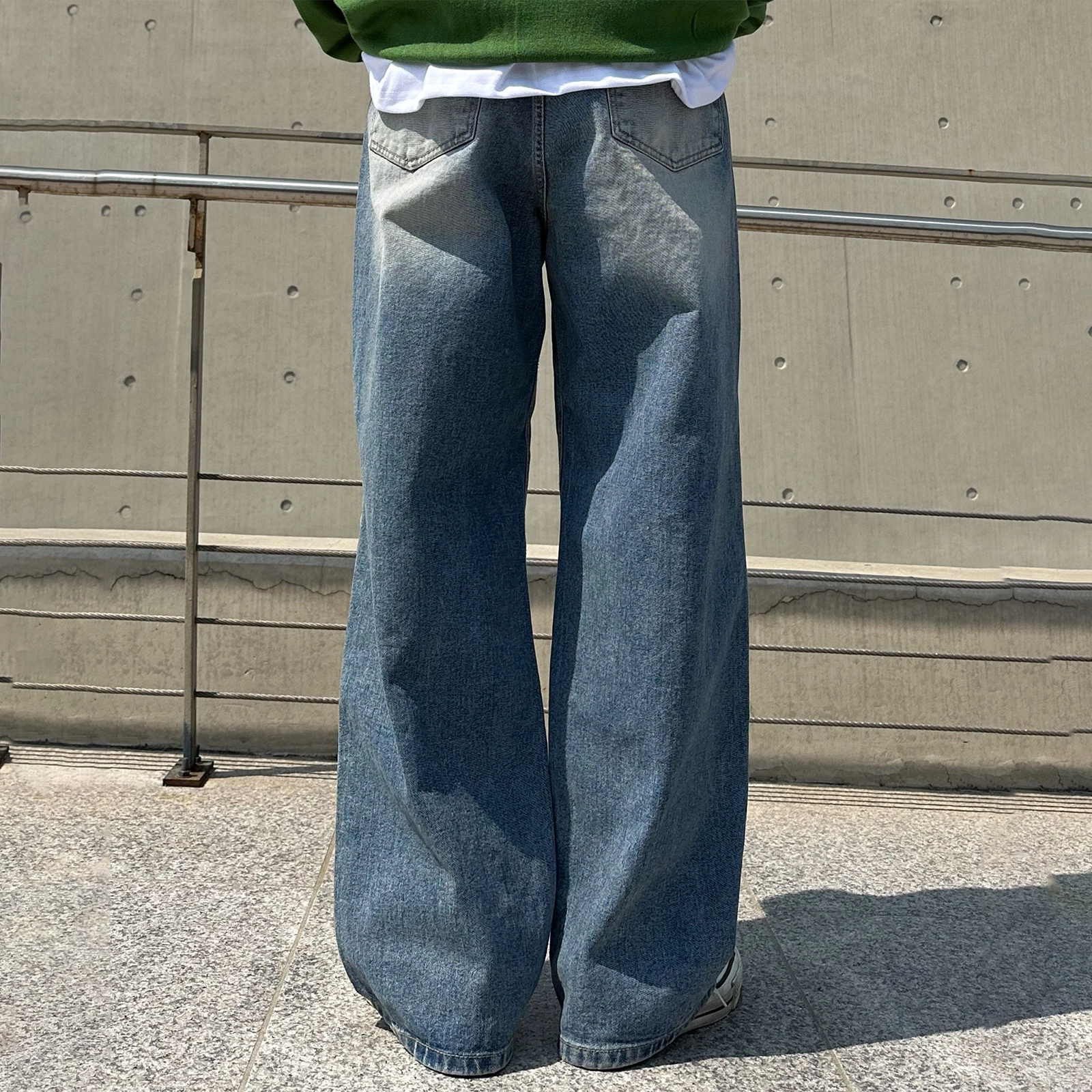 我是大卫 美式复古工装水洗做旧阔腿裤高街百搭休闲宽松牛仔裤 男女同款 浅蓝色