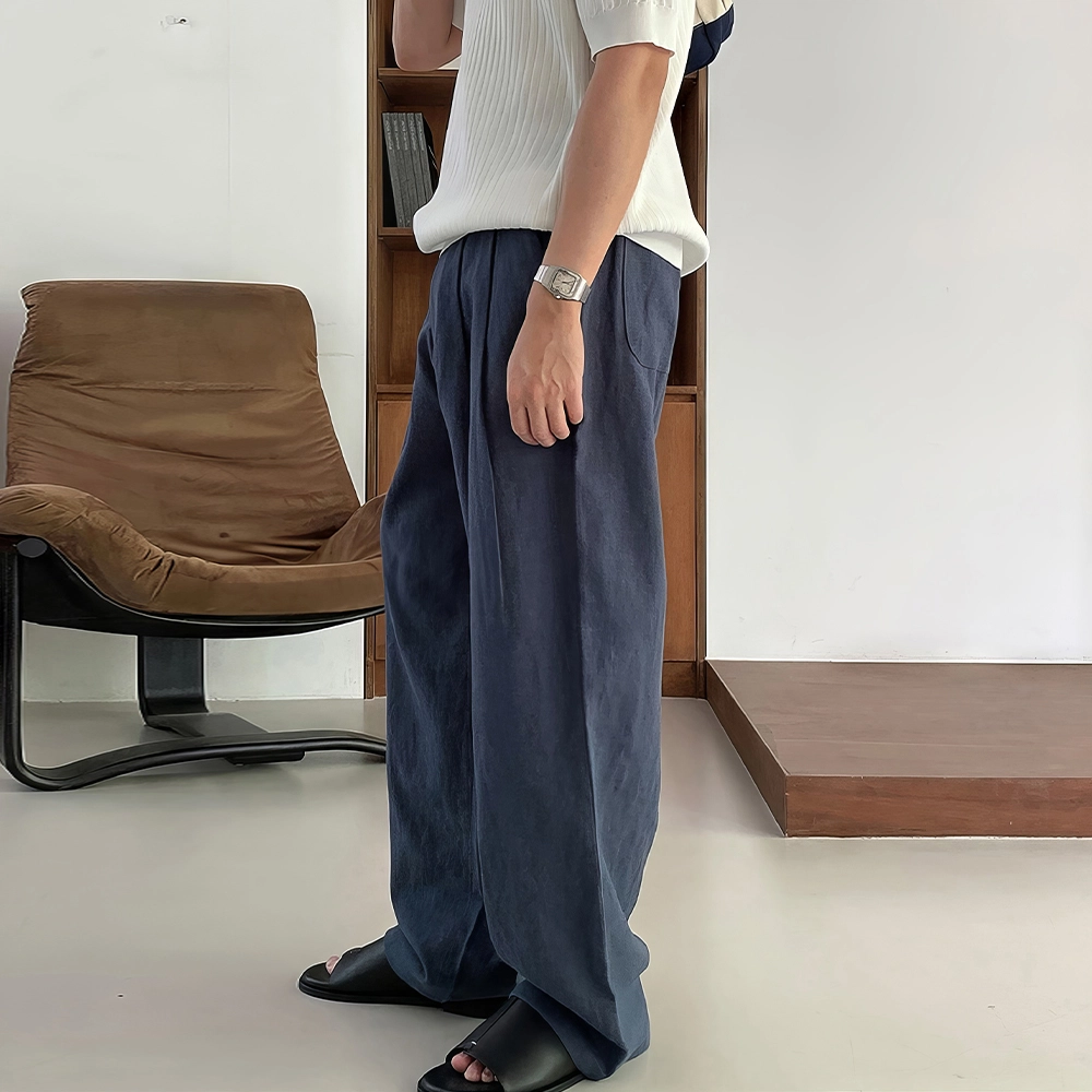 我是大卫 亚麻纯色中腰宽松简约直筒休闲裤 男女同款