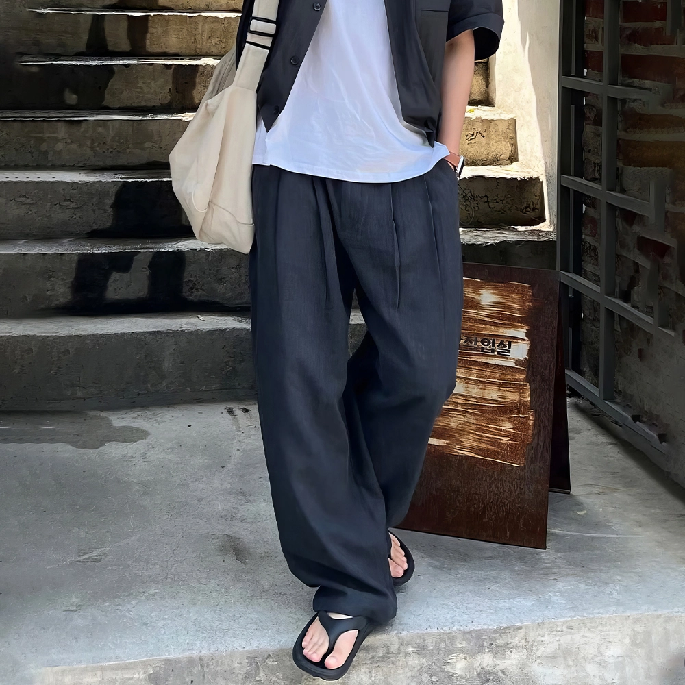 我是大卫 亚麻纯色中腰宽松简约直筒休闲裤 男女同款