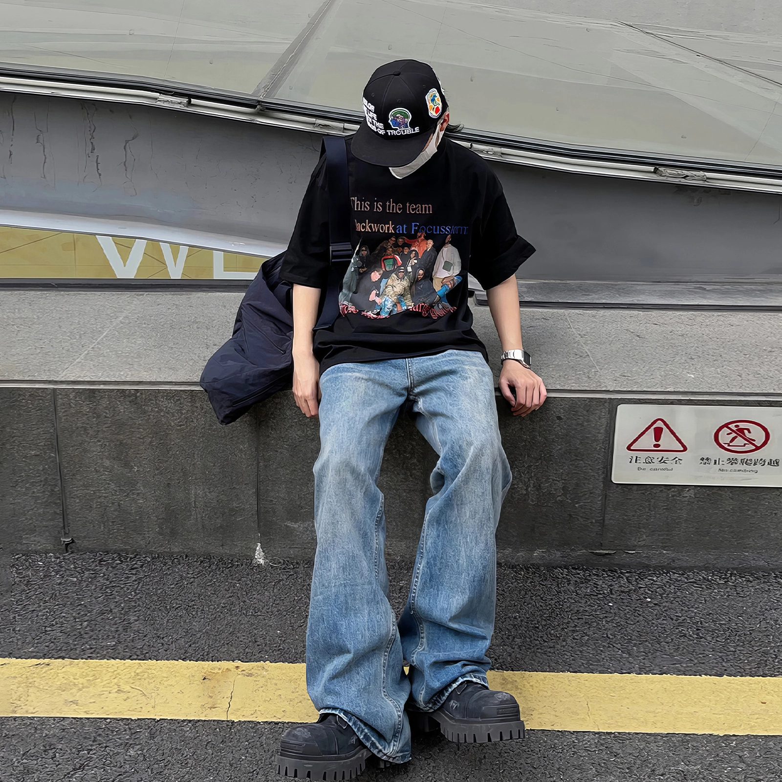 我是大卫 美式街头个性水洗直筒阔腿做旧宽松复古牛仔裤 男女同款 蓝色