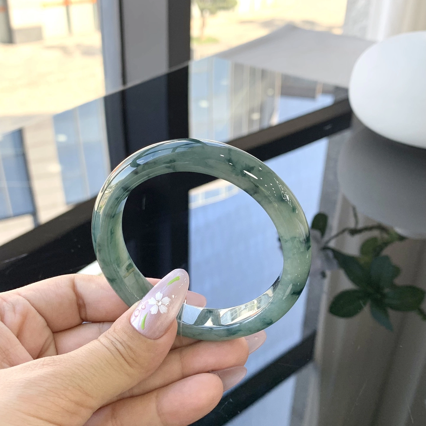翠亨祥 墨绿飘花 优雅大气 糯种 翡翠手镯 女款