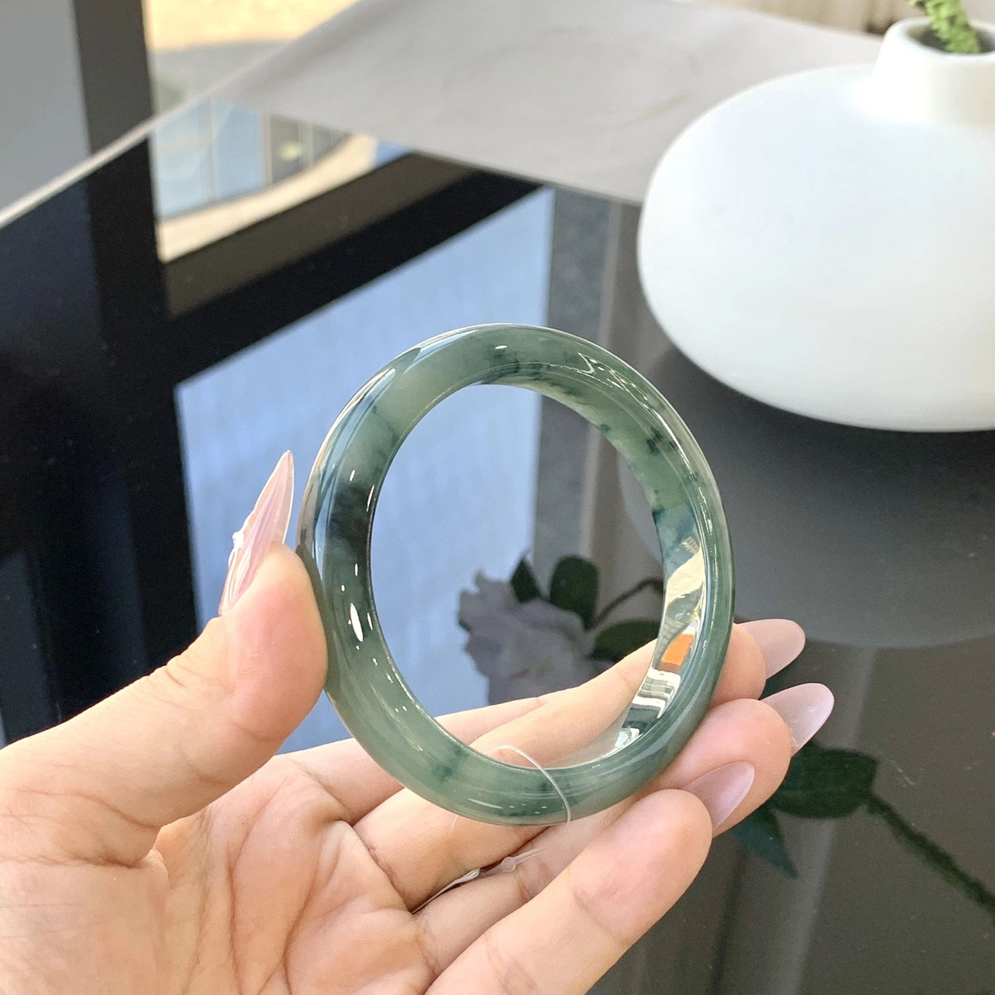 翠亨祥 墨绿飘花 优雅大气 糯种 翡翠手镯 女款