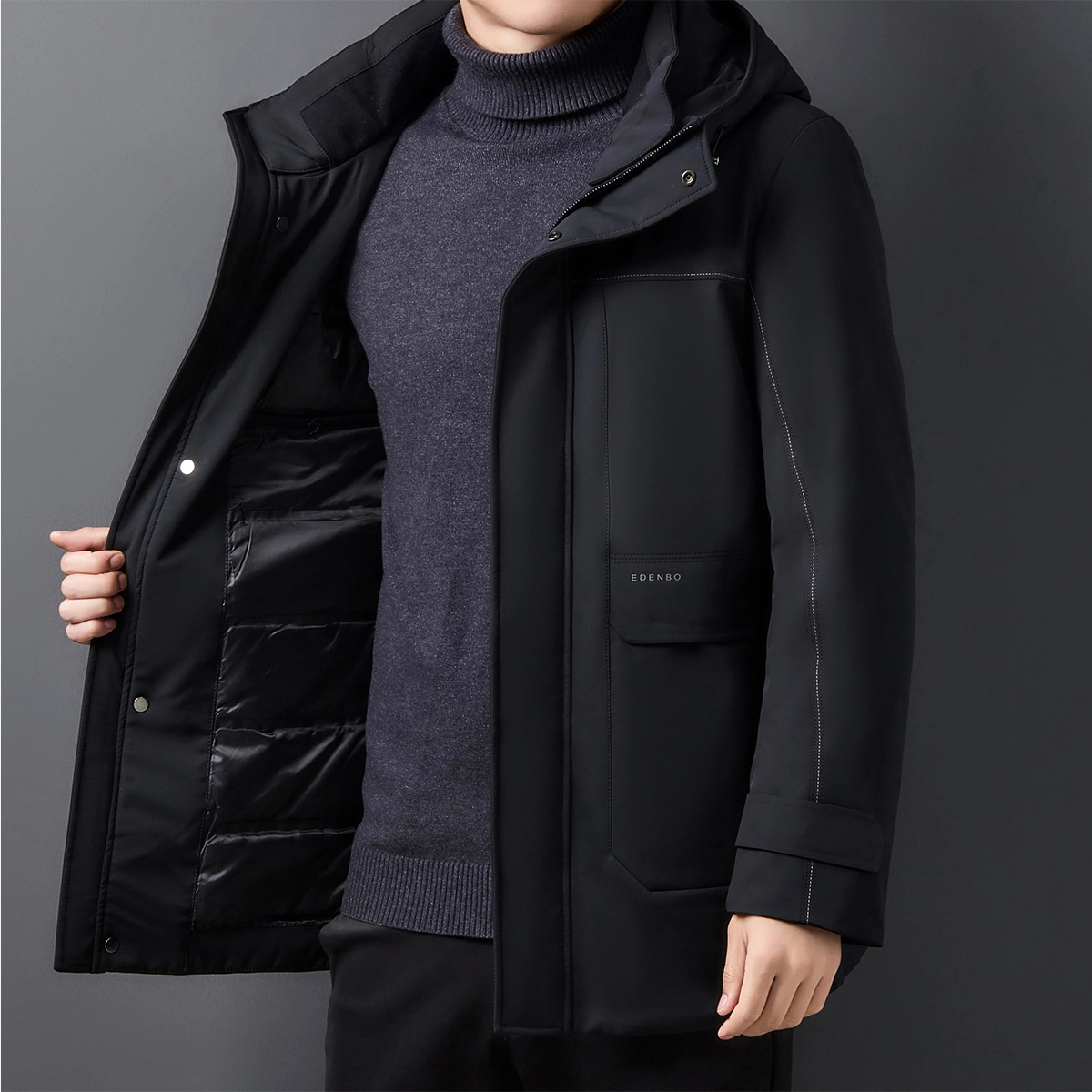 爱登堡 拉链连帽拼接剪裁中长款羽绒服 男款 黑色