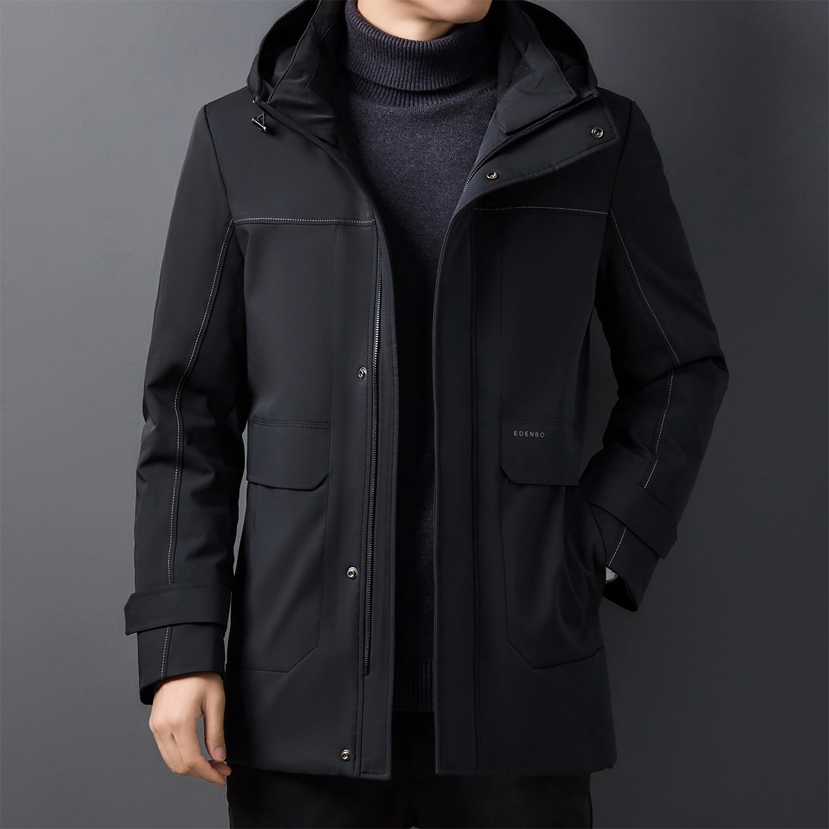 爱登堡 拉链连帽拼接剪裁中长款羽绒服 男款 黑色
