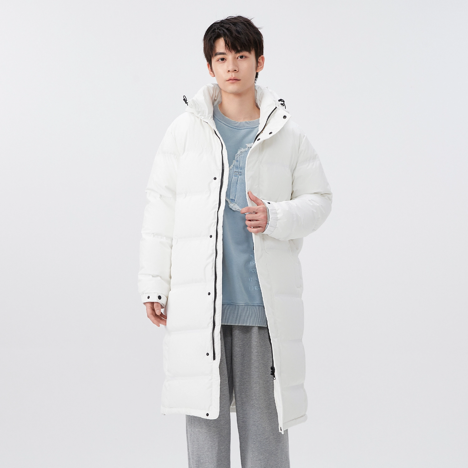 鸭鸭 纯色中长款连帽拉链保暖休闲羽绒服 男女同款